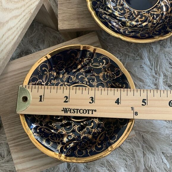 Set Of Three Small Dark Navy Blue & Gold Porcelain Saucers Signed Richard Ginori - Picture 15 of 16